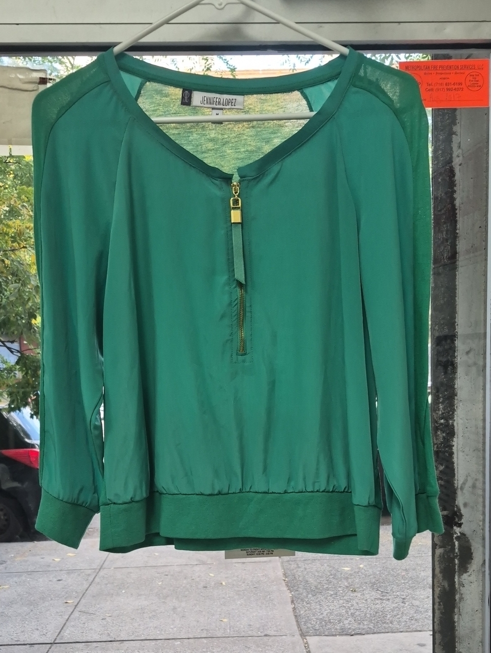 Jennifer Lopez Emerald Green Long-Sleeve Zip Front Blouse